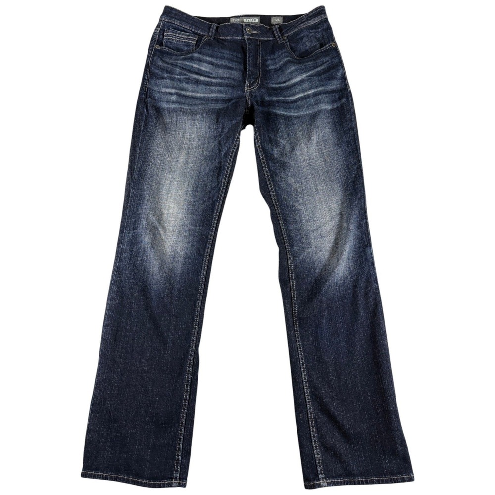 BKE Tyler Jeans Mens 32L Dark Washed Straight Leg Distressed Work Western Denim